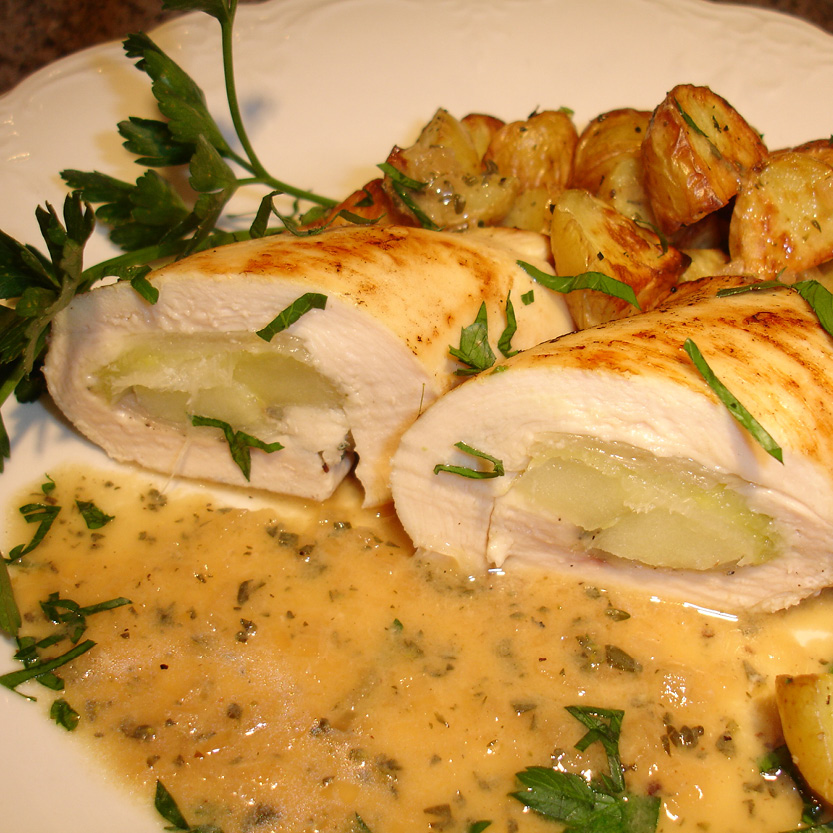 Chicken Breast Roulade With Apple, Leek And A Light Mustard-Thyme Sauce