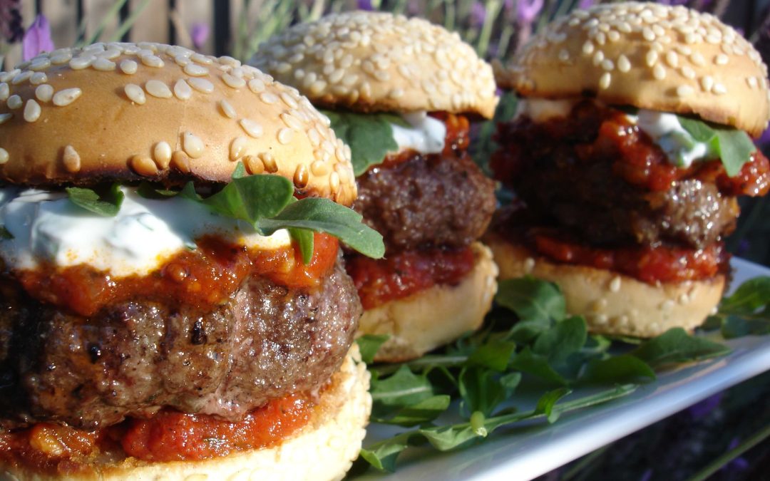 Lamburgers with Indian-Spiced Tomato Sauce and Minted Yogurt