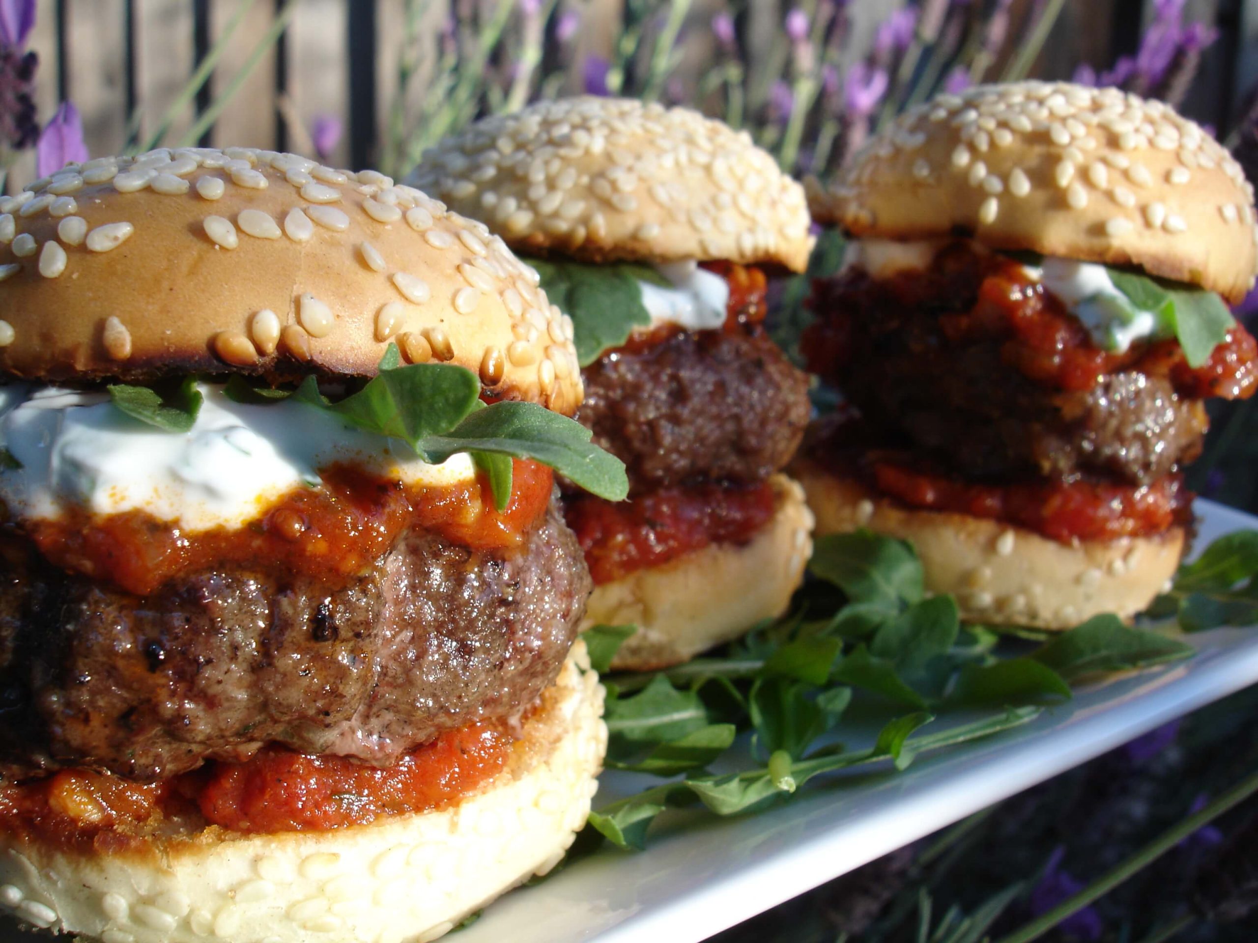 Lamburgers with Indian-Spiced Tomato Sauce and Minted Yogurt