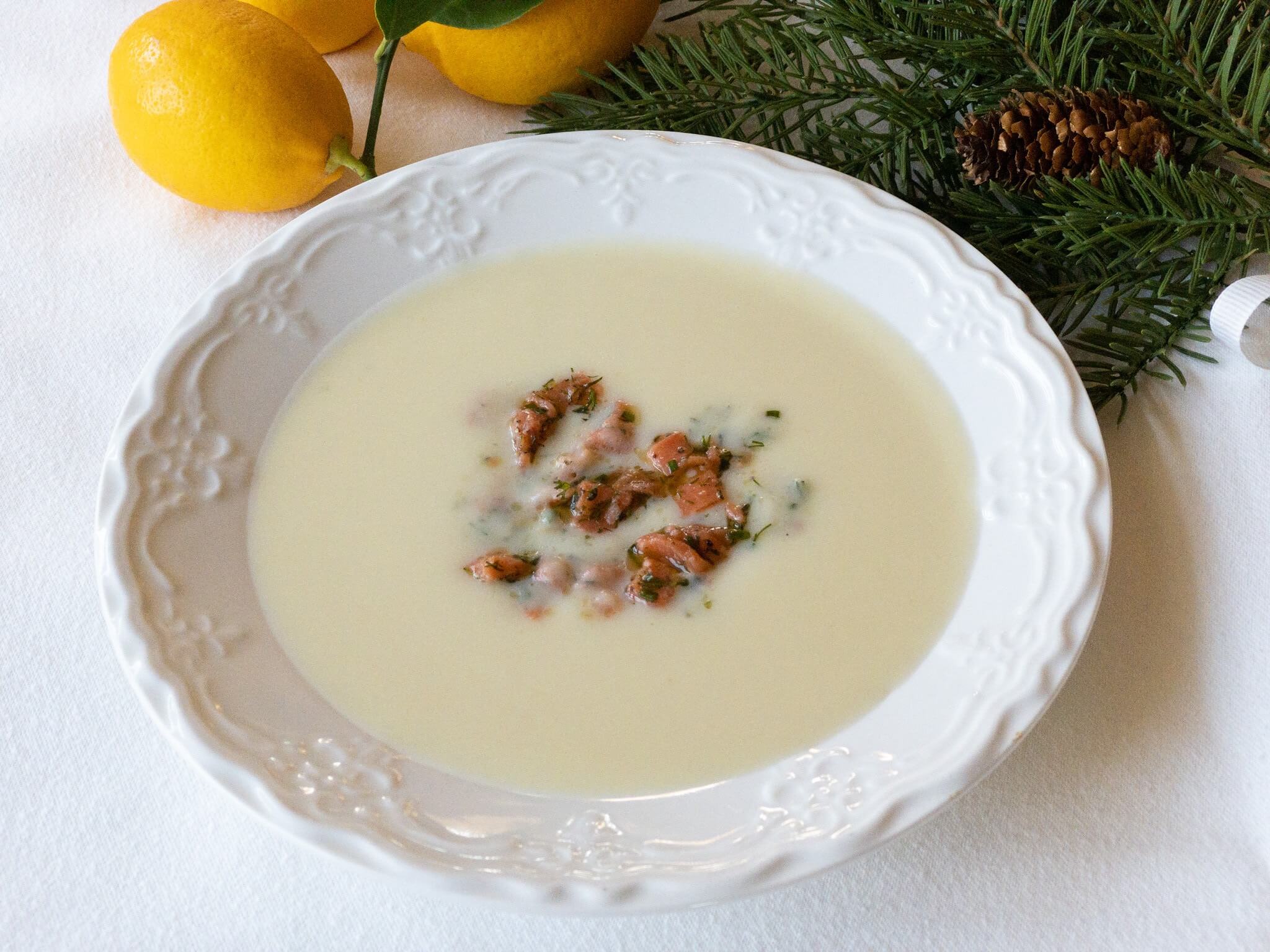 POTATO, LEEK AND CELERY ROOT SOUP WITH HERBED SMOKED SALMON TOPPING