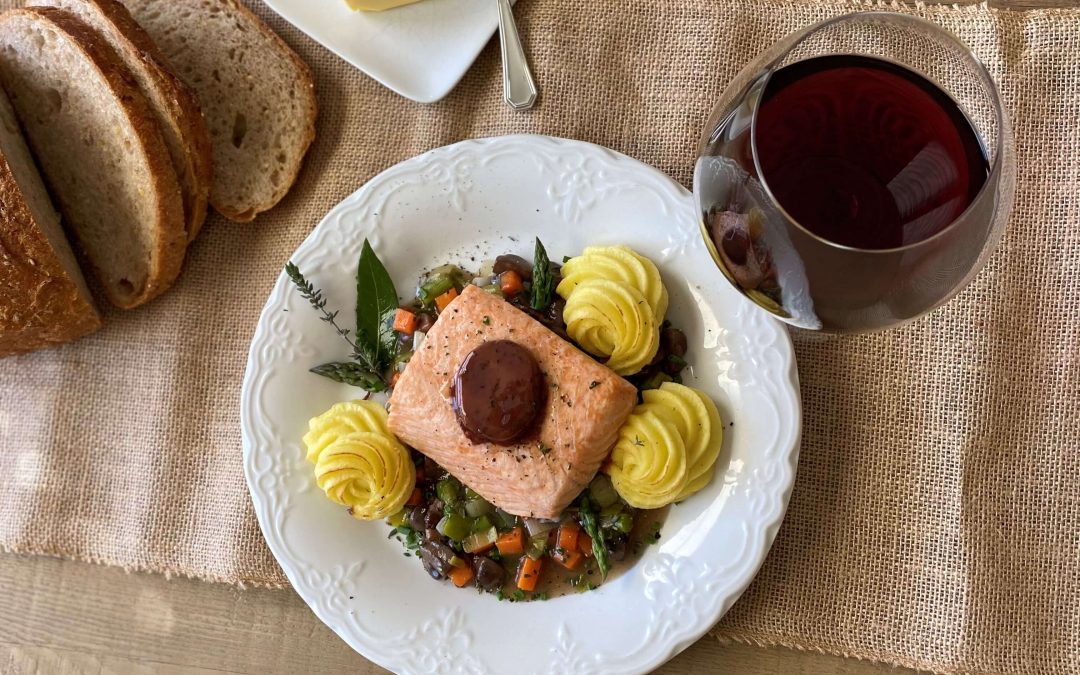 Salmon with Red Wine-Thyme Compound Butter And a Spring Vegetable Ragout