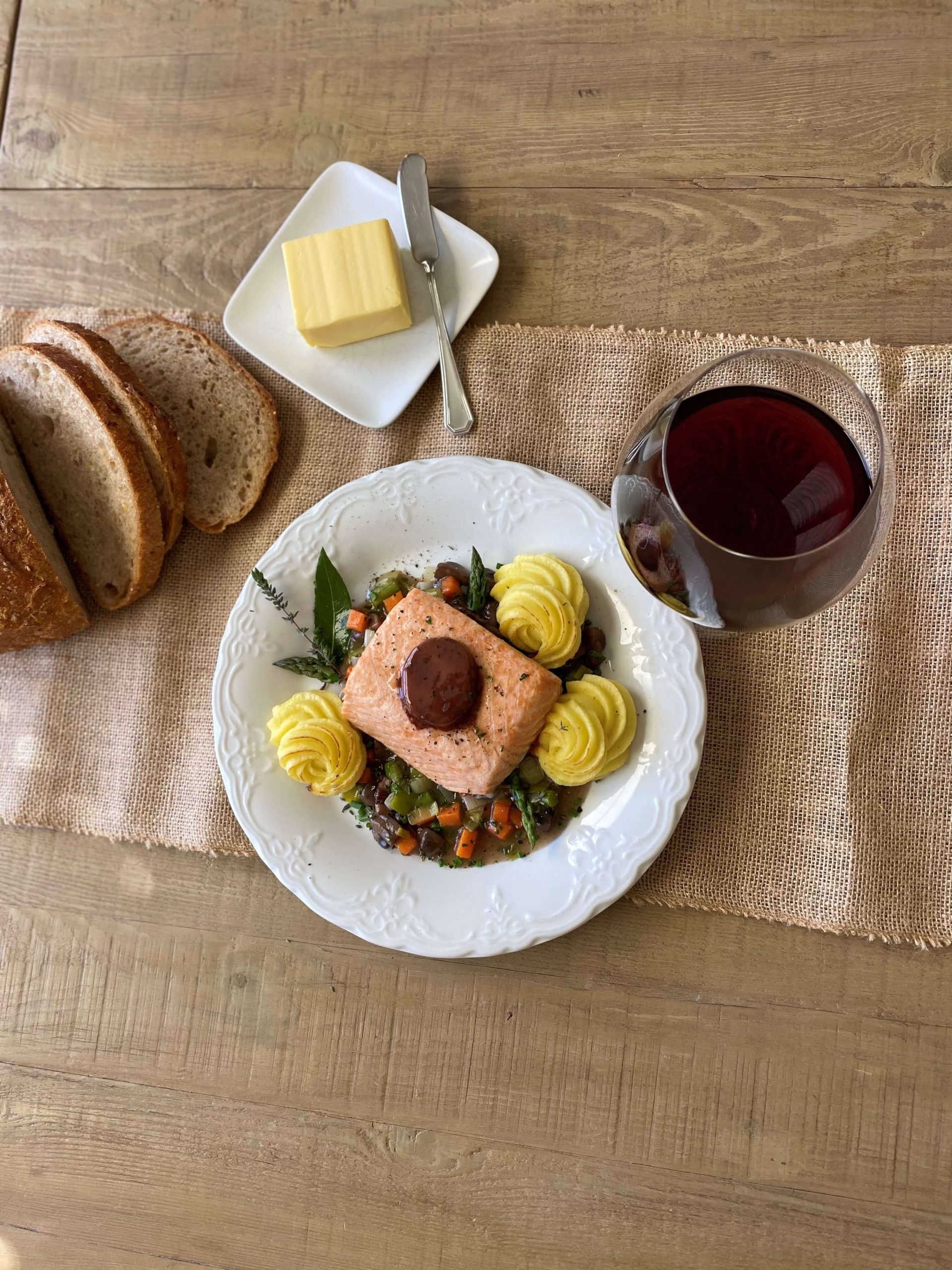 Salmon with Red Wine-Thyme Compound Butter And a Spring Vegetable Ragout