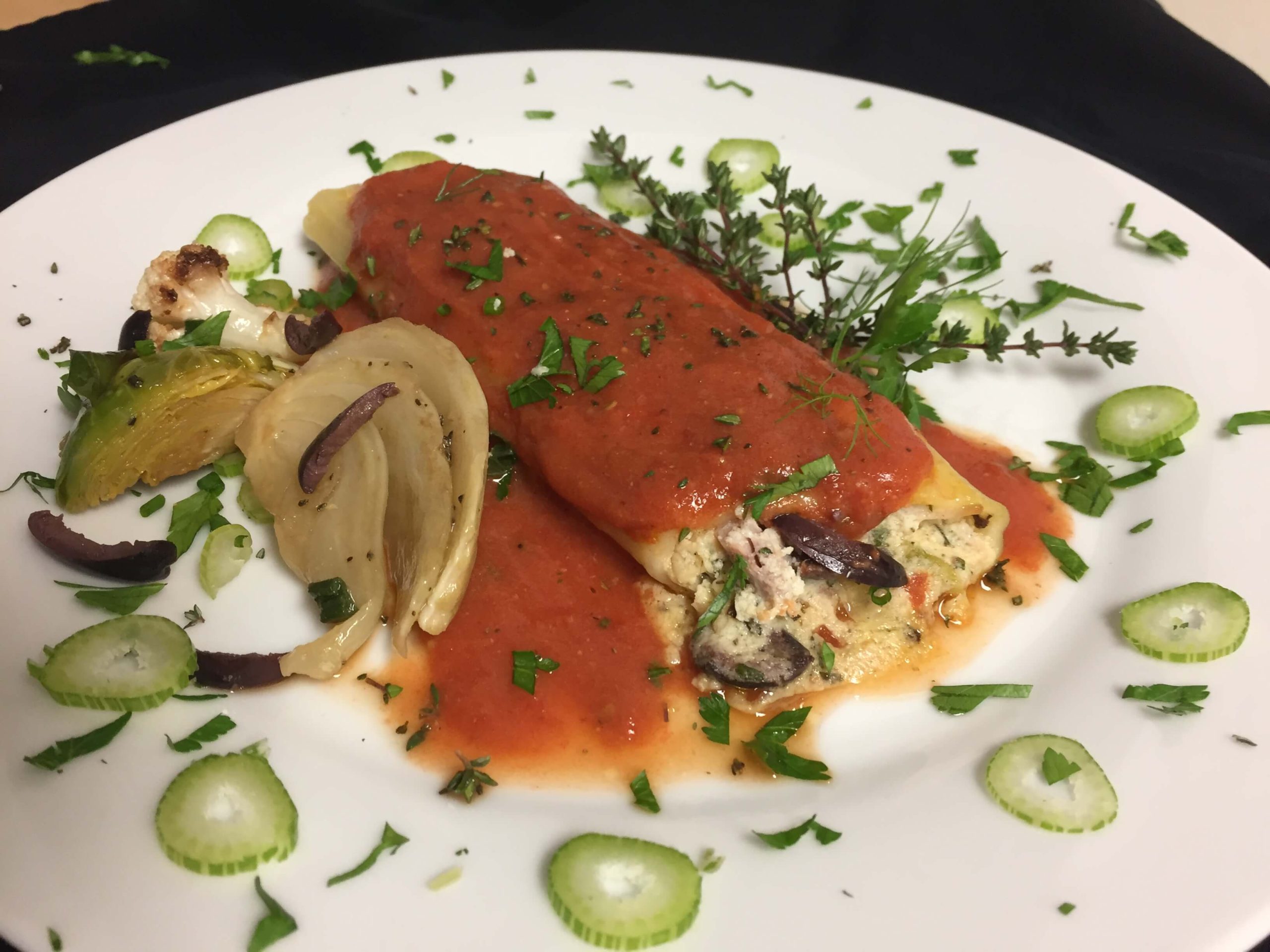 Manicotti with Smoked Chicken, Chevre, Fennel and Olives