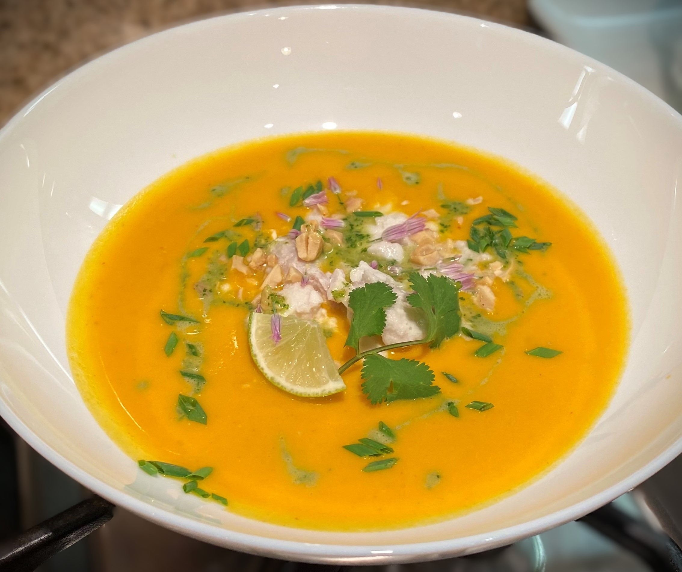 Carrot and Red Curry Soup with Rock Cod